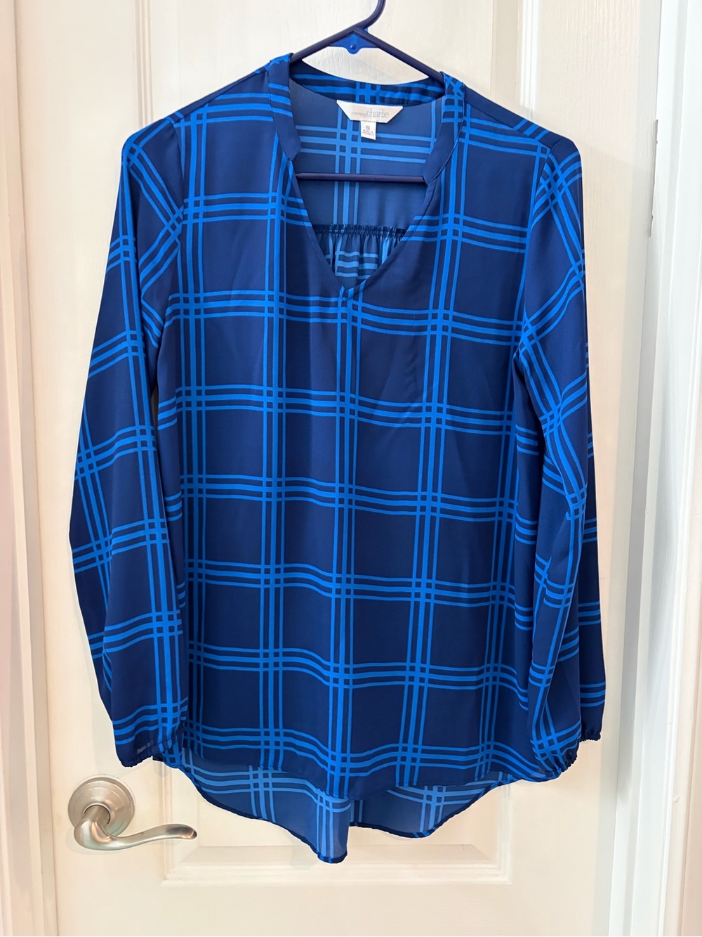 Charming Charlie Navy and Bright Blue Plaid V-Neck Long-Sleeve Blouse small